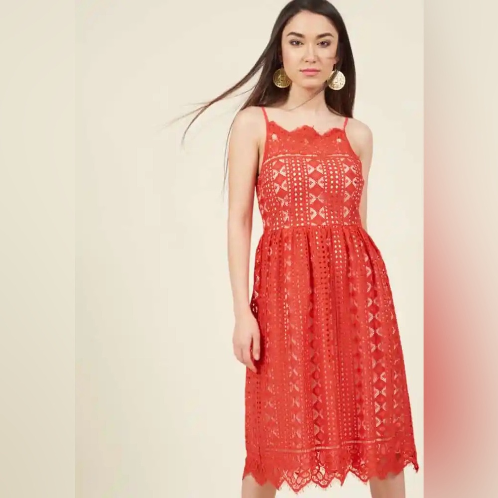 ModCloth Coral “Lend Your Loveliness” Lace Midi Sundress in Coral